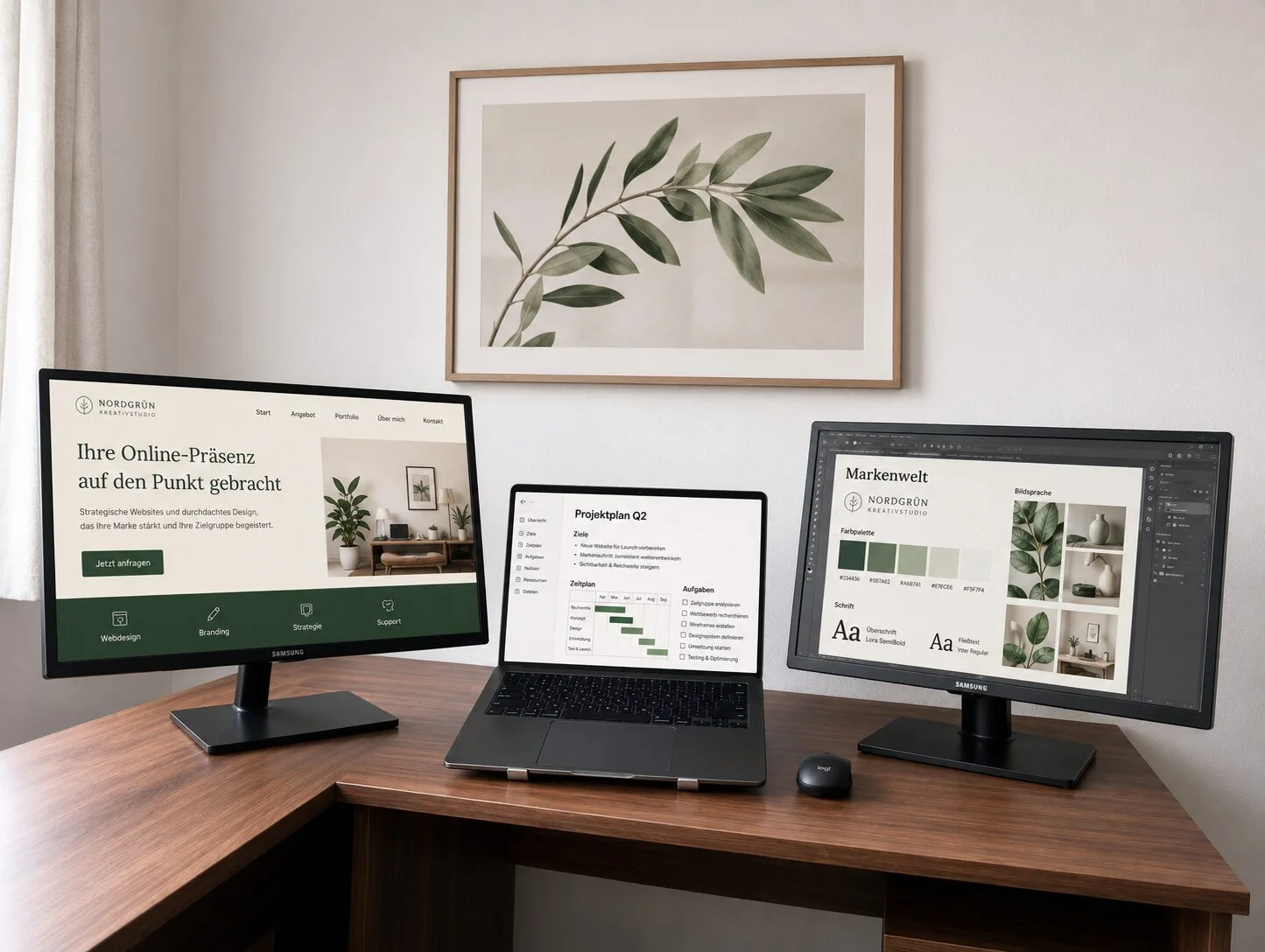 Arbeitsplatz waldl.marketing – Webdesign, Text und Gestaltung Aufgeräumter Arbeitsplatz von waldl.marketing mit drei Bildschirmen für Webdesign, Text, Projektplanung und Gestaltung.